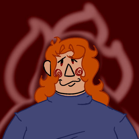 a drawing of a fat masc person with medium-toned skin. they have dark orange, long, curly hair, they are wearing a dark blue sweater, and their eyes, blush, and the background is dark red.