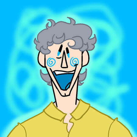 a drawing of a fair-skinned, lanky man with short, choppy, curly gray hair, a yellow button-down shirt, and a wide smile. his eyes, blush, tongue, and the background are all a bright cyan.