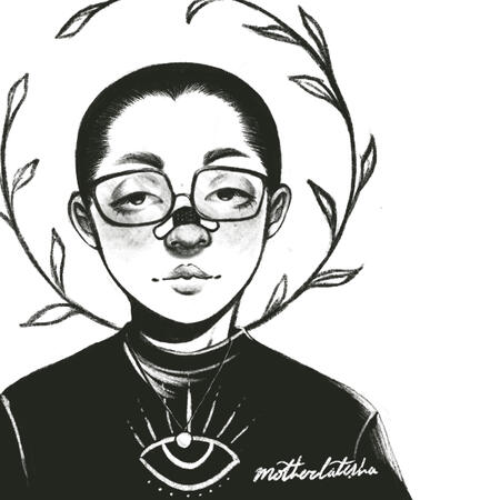 a black and white sketchy picrew of a person with heavily lidded eyes, shaved hair, and a band-aid over their nose. they are framed by a vine pattern.