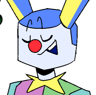 a drawing of a clown with light blue skin, a red nose, a periwinkle buzzcut, and periwinkle rabbit ears with yellow insides. they're wearing a blue, pink, and green clown suit with a yellow collar.