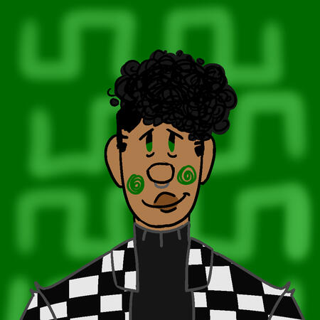 a drawing of a thin black teen with tightly coiled hair that's long on top and shaved on the bottom. it wears a black turtleneck and a black and white checkerboard overshirt, and it has a nose ring. its eyes, blush, and the background are dark green.