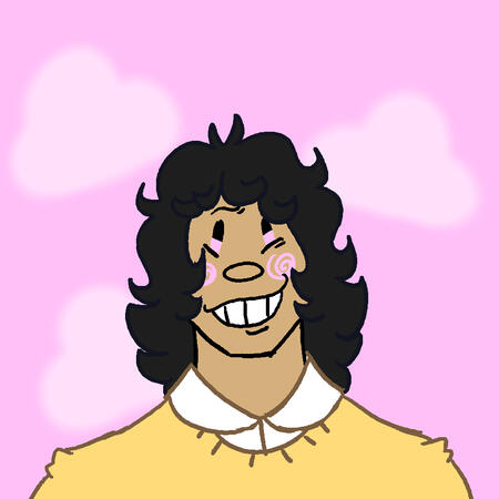 a drawing of a feminine person with a square jaw and curled black hair in a wolf cut style. their skin is fairly light. they wear a white button down under a yellow sweater. their eyes, blush, and the background are light pink.