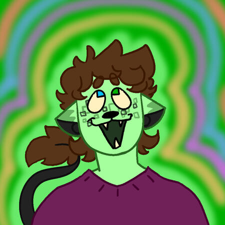 a drawing of a light- green-furred kid with brown curly hair, cat-like ears and facial features, and a black tail with brown fur on the end. they're wearing a magenta sweater. their face is covered in green & gray cube patterns.
