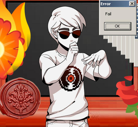 dave from pesterquest surrounded by red-colored stickers.