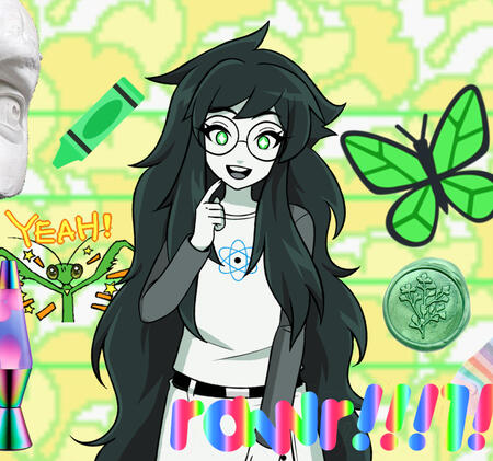 jade from pesterquest surrounded by green and yellow stickers.