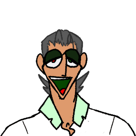 a drawing of a man with slicked-back gray hair, fairly light skin, and large glasses. his tongue is bright red, the inside of his mouth is dark green, and his eyes are the same colors. he wears a white button down shirt.